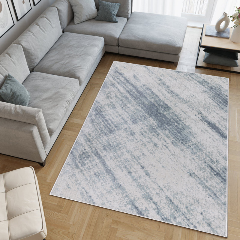 Machine Washable Austin Ivory/Blue Rug, Rectangle 5' x 8'