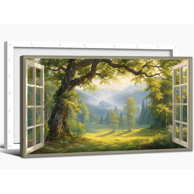  Fenêtre, décor de toile sur toile paysage, impressions de soleil naturel, fenêtre ouverte, art de printemps, grand paysage forestier, arbre pastoral, peinture horizontale pour le salon, 20 x 40 pouces