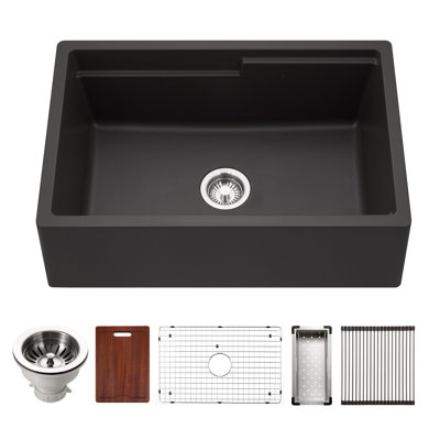 Évier de poste de travail en granite à tablier frontal 30 po avec accessoires Houzer