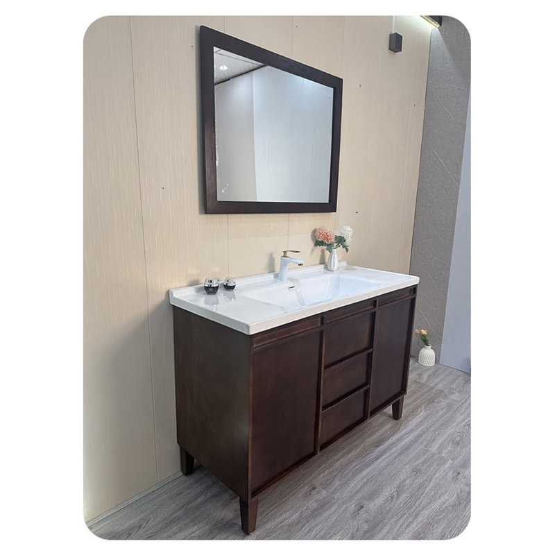 Mid-Century Solid Wood Bathroom Vanity with Integrated Ceramic Sink