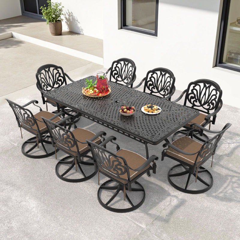 8-Piece Rectangle Cast Aluminum Outdoor Patio Dining Set with 7 Swivel Chairs & Cushions & Umbrella Hole
