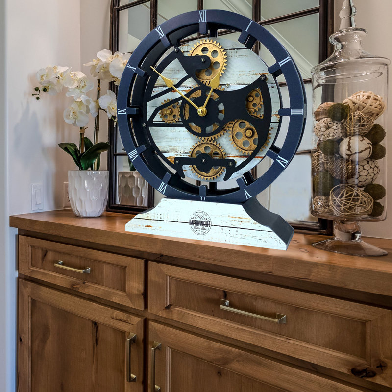 Mantel Clock 16" Round for Living Room decor with Real Moving Gears transformable into a Wall Clock (detachable base) Canada Collection