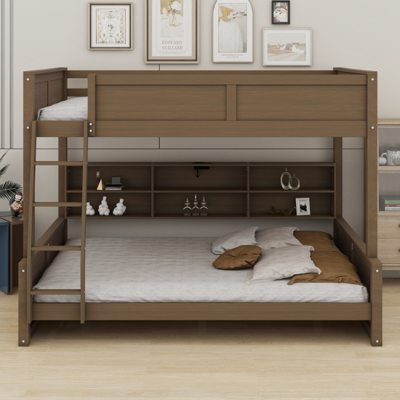 Lit superposé avec armoires de rangement et ports USB, Bois antique