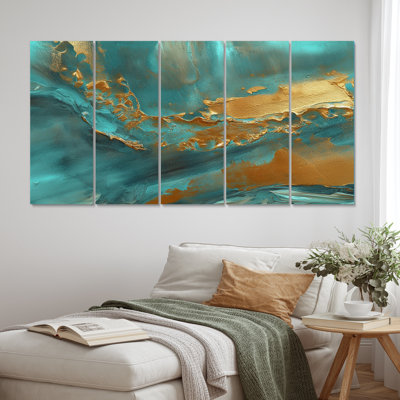 Golden Sunshine Wild Turquoise River Abstract I - décoration murale abstraite - 5 panneaux égaux