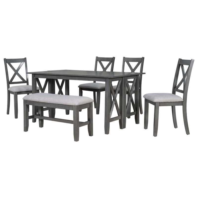 Ensemble de salle à manger 6 pièces en bois massif avec 4 chaises et banc pour la salle à manger, Gris