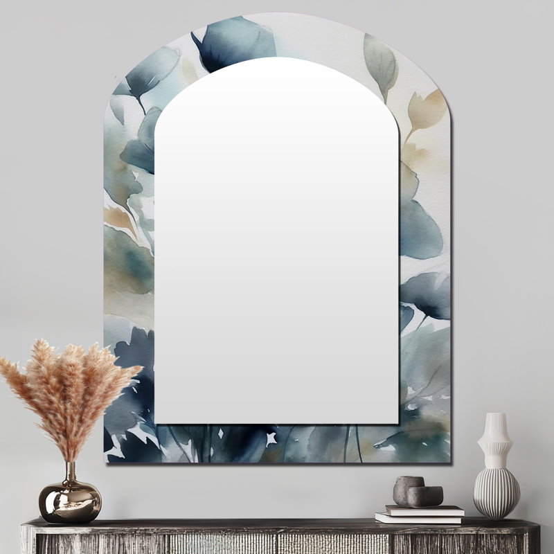 Miroir mural arqué sur métal Blue Leaf Foliage And Flowers III, 43 po x 33 po
