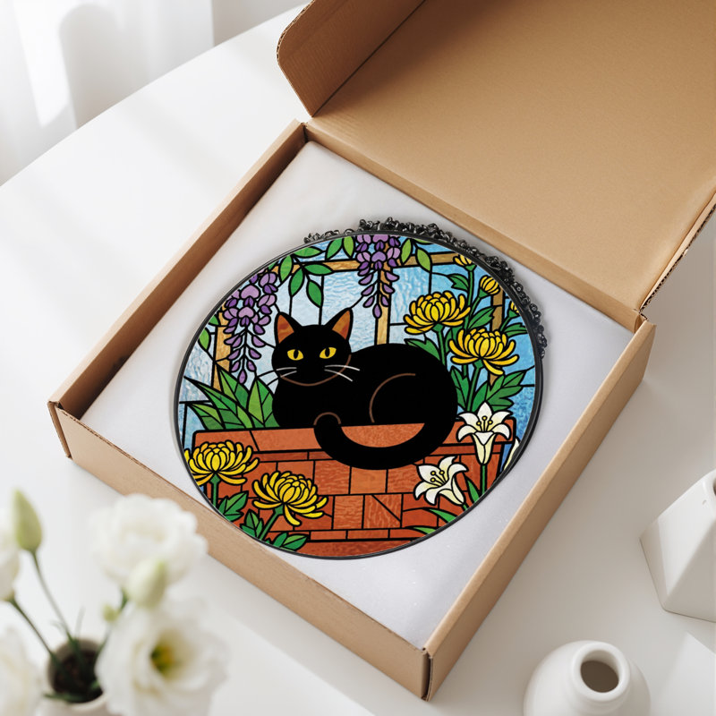 7.8"H Black Cat Stained Glass Window Panel, 7.8" H x 7.8" W