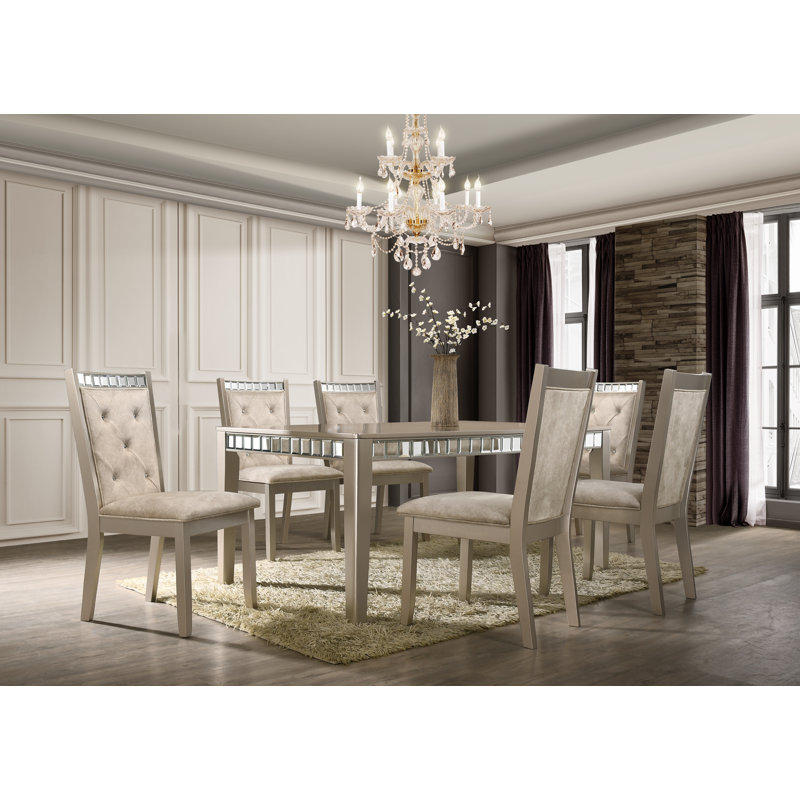 Red Barrel Studio® Set For 6 Mirror Trim Rectangular Dining Table With Luxurious Button Chair In Champagne