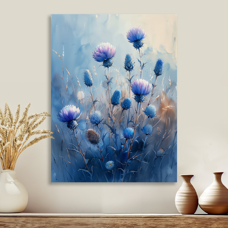 «Morning Summer Blue Thistle Flowers I - Thistle», reproduction d'art murale, Encadrement argenté, H 40 po x l 30 po