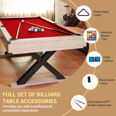 84" Pool Table, 7 FT Billiard Tables with 2 Cue Sticks, Billiard Balls, Cues, Cleaning Brush, X-Legs