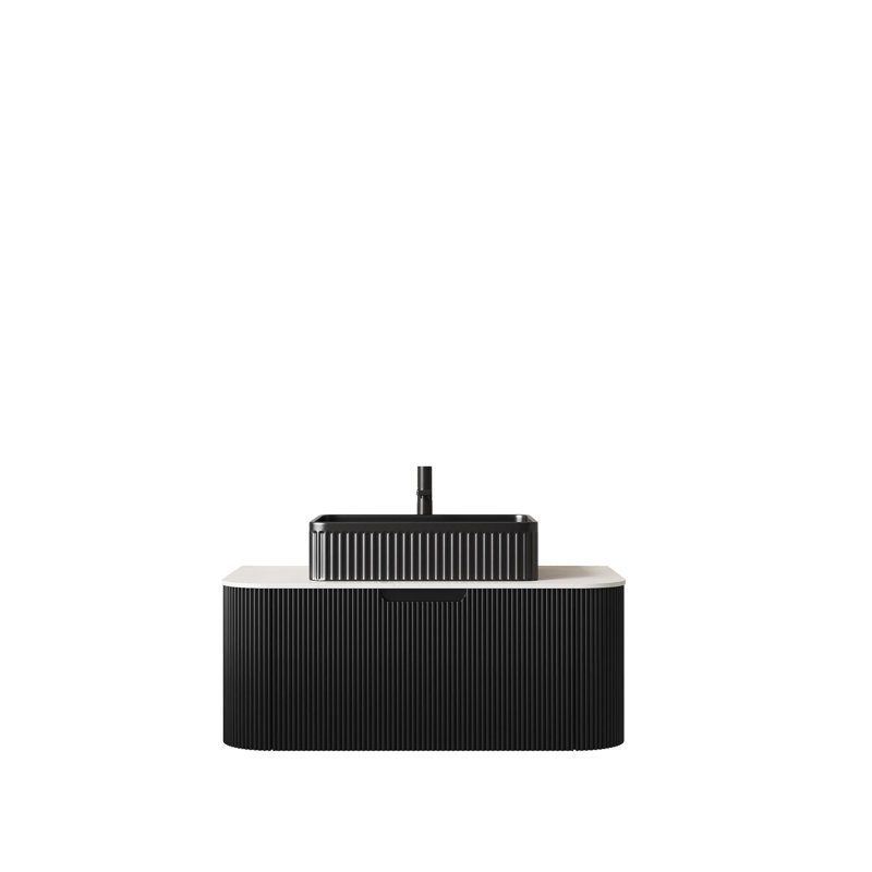 Meuble-lavabo de salle de bain 36 po avec lavabo, meuble de rangement mural à bordures courbes et flottantes avec tiroir, lavabo rectangulaire en céramique noire, sans robinet, pré-assemblé