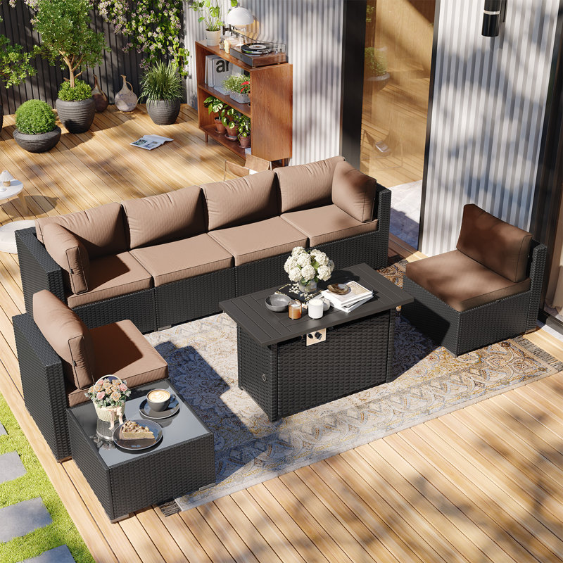 Ensemble de meubles de patio 8 pièces avec foyer au gaz propane, Beige, Brun