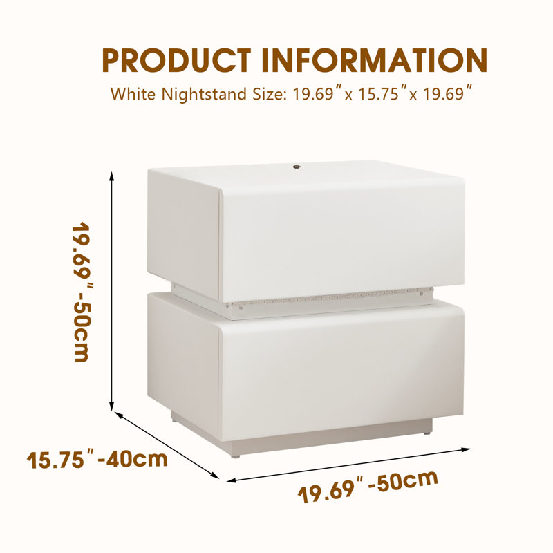 Modern Leather Textured Wraparound White Nightstand with Light Strip and 2 Drawers, Staple Stylish Beauty Space - Bedroom Nightstand, Side Table, No Assembly Required