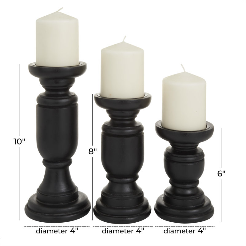 Mango Wood Turned Style Pillar Decorative Candle Holder Set, Black, 8" H x 3.95" W x 3.95" D
