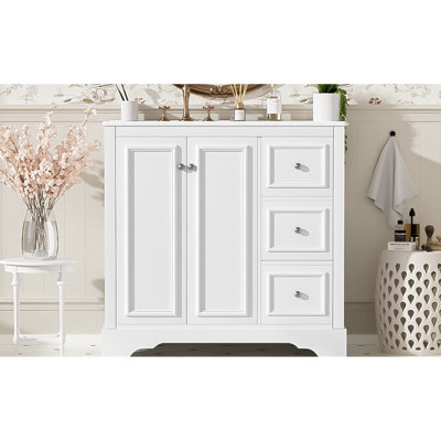 36'' Transitional Bathroom Vanity Featuring Solid Wood Frame, Painted Finish, And 2 Soft-Close Doors 36-Inch Ceramic Sink, 3 Drawers, Hinges, Plastic Feet For Protection