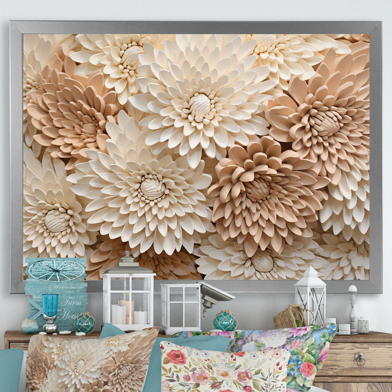 «Pure White Chrysanthemums Mosaic III», art mural sur toile Chrysanthemums, H 16 po x l 32 po x P 1 po, Cadre simple argenté