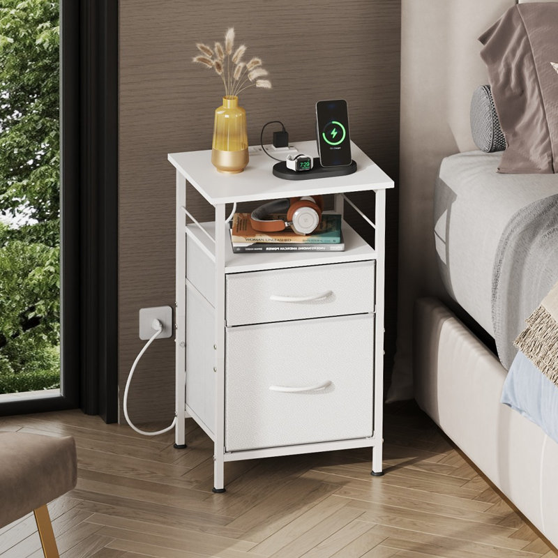 Nightstand  With Charging Station, USB Ports And Outlets Bedside Side Tables With Fabric Drawers, Set of 2, White