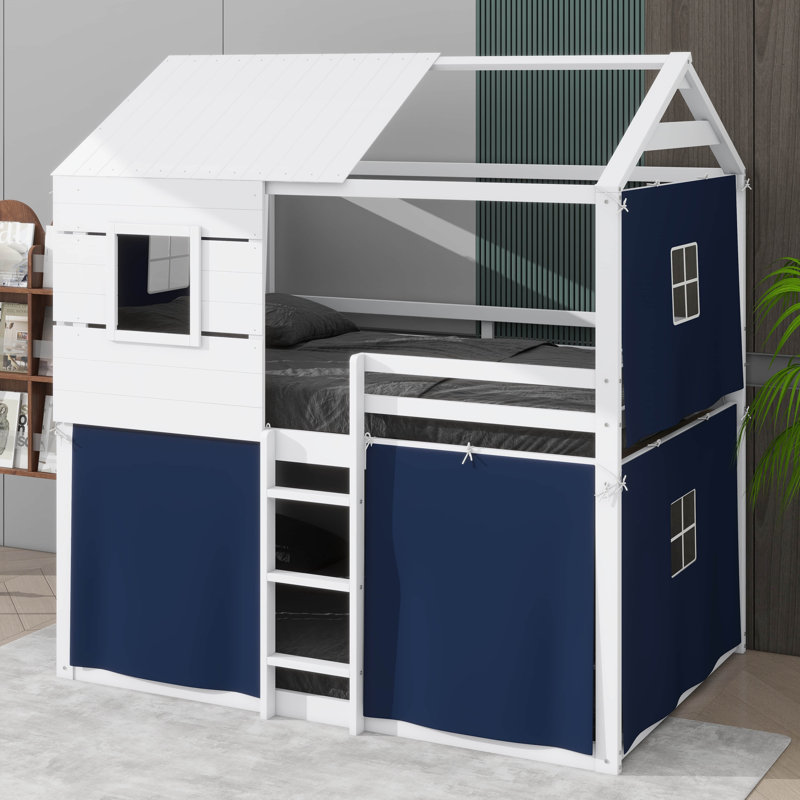 Lit superposé double en bois pleine grandeur, lit sur le thème de la maison avec fenêtres et tente, structure mezzanine basse avec barrière de sécurité