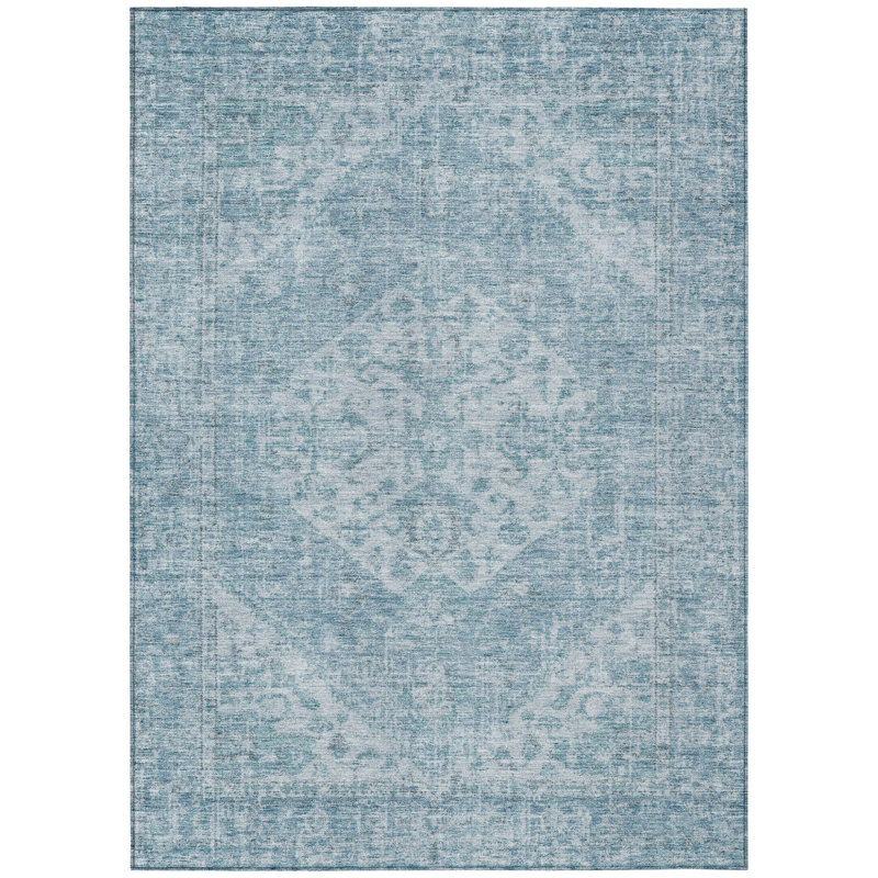 3' X 5' Sky Blue And Ivory Oriental Washable Indoor Outdoor Area Rug