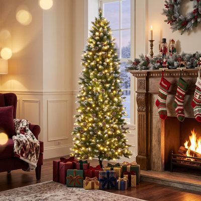 Sapin de Noël crayon mince et illuminé – Décoration de Noël artificielle de 1,8 m et 2,3 m avec lumières DEL bicolores, pommes de pin, support métallique pliable – Décoration de Noël fine pour l'intérieur et l'extérieur, idéale pour une chambre ou un porche.