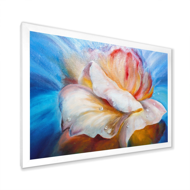 "Creative Waterdrop On Beige Flowers II", reproduction sur toile flottante, H 24 po x l 36 po x P 1 po, Cadre photo blanc