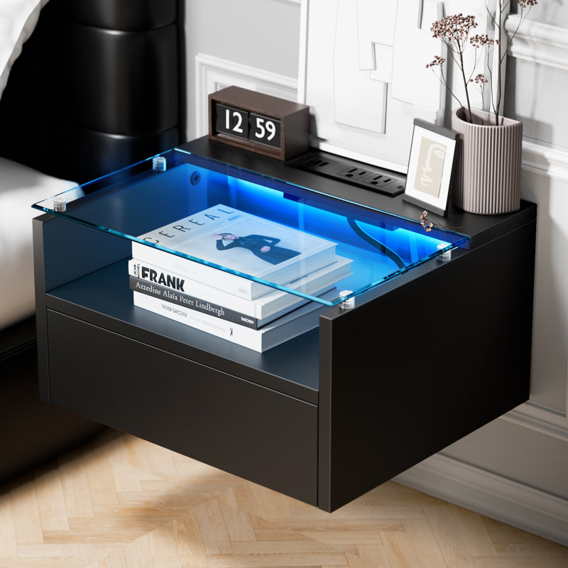 Ensemble de tables de chevet flottantes Carlette avec station de charge Carlette, Noir, noir, noir, noir, Ensemble de 2