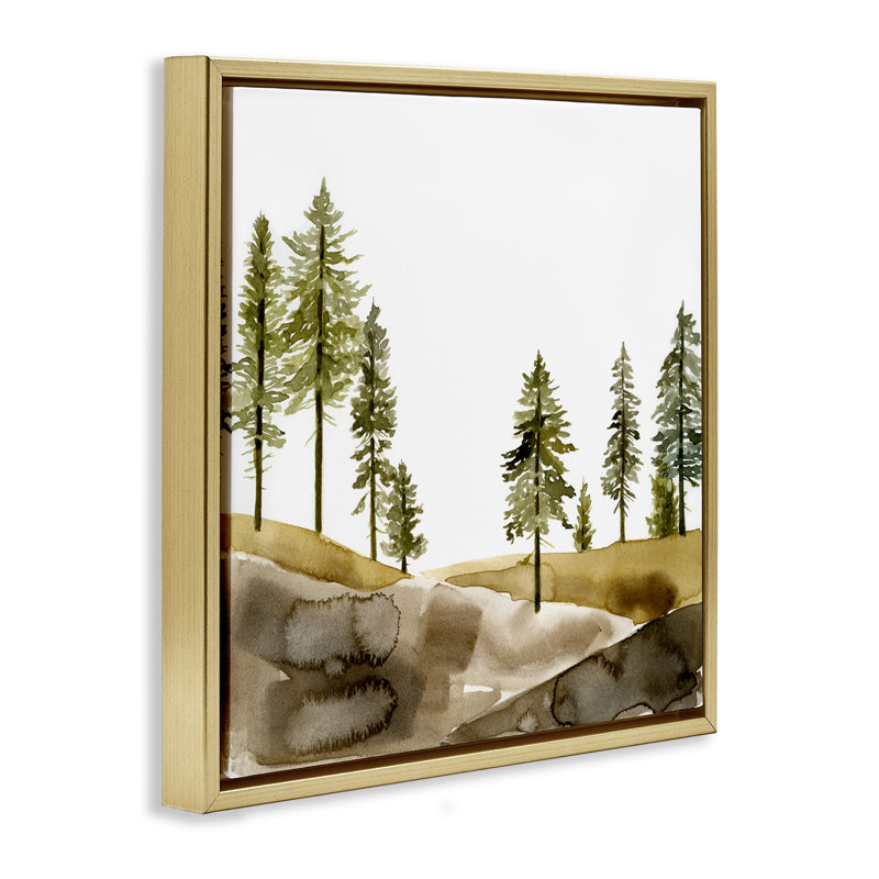 «Pine Tree Forest Watercolor Grain» par Jacob Green, H 18 po x l 18 po, Cadre flottant métallique doré