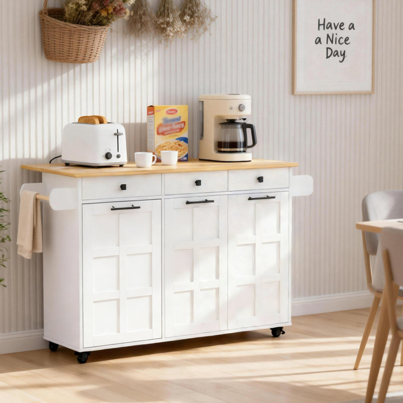 60" Expandable Kitchen Island With Drop Leaf & Power Outlet, Rolling Storage Cart With Trash Can Cabinet, Spice Rack & Towel Bar, White