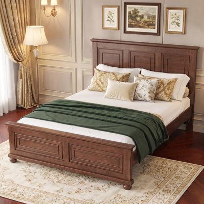 Queen Size Pine Wood Platform Bed with Tall Headboard & Footboard, USB Charging Station, Reinforced Frame