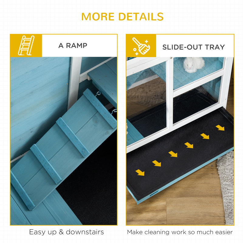 Light Blue Wooden Guinea Pig Cage with Ramp and Wheels