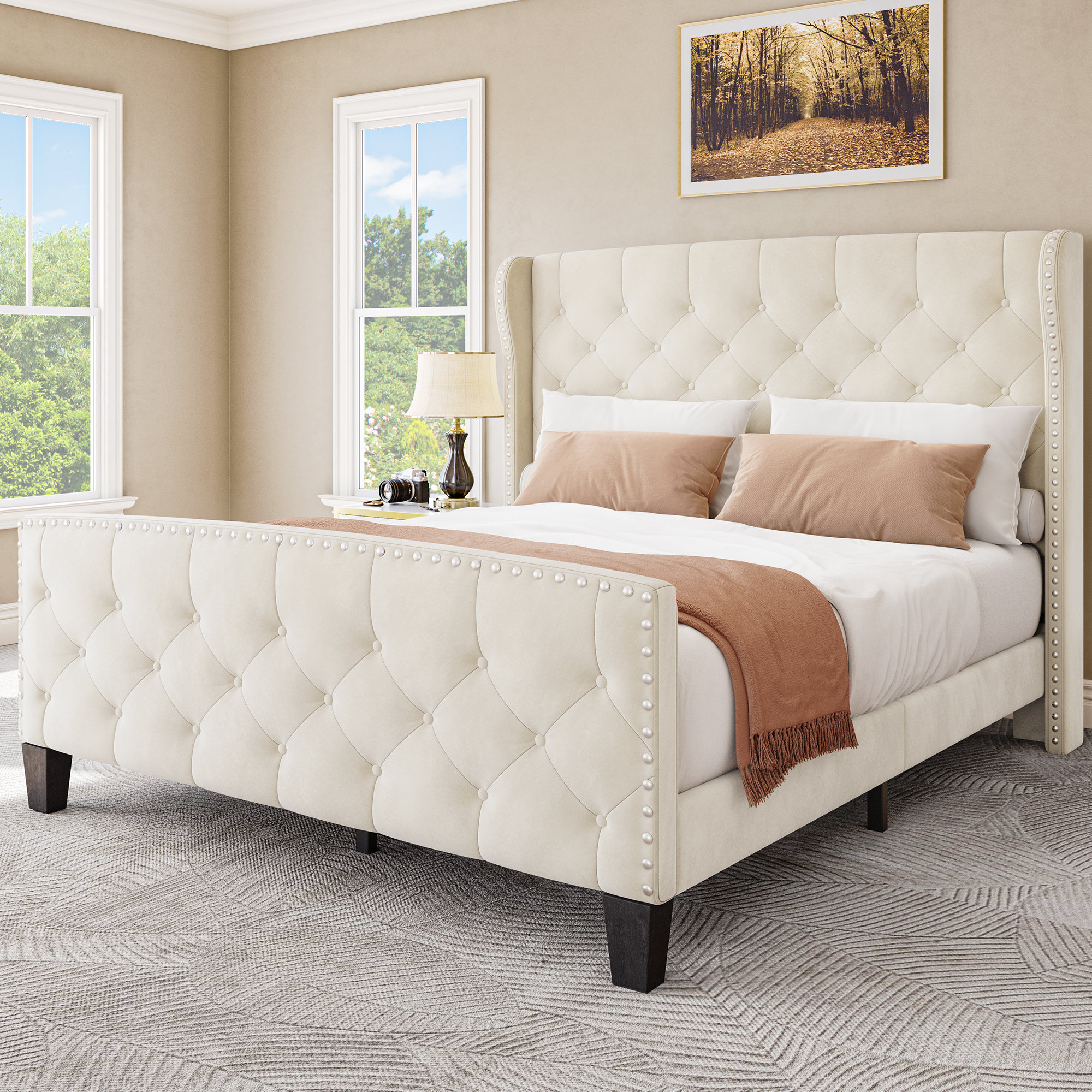 Beige tufted store bed