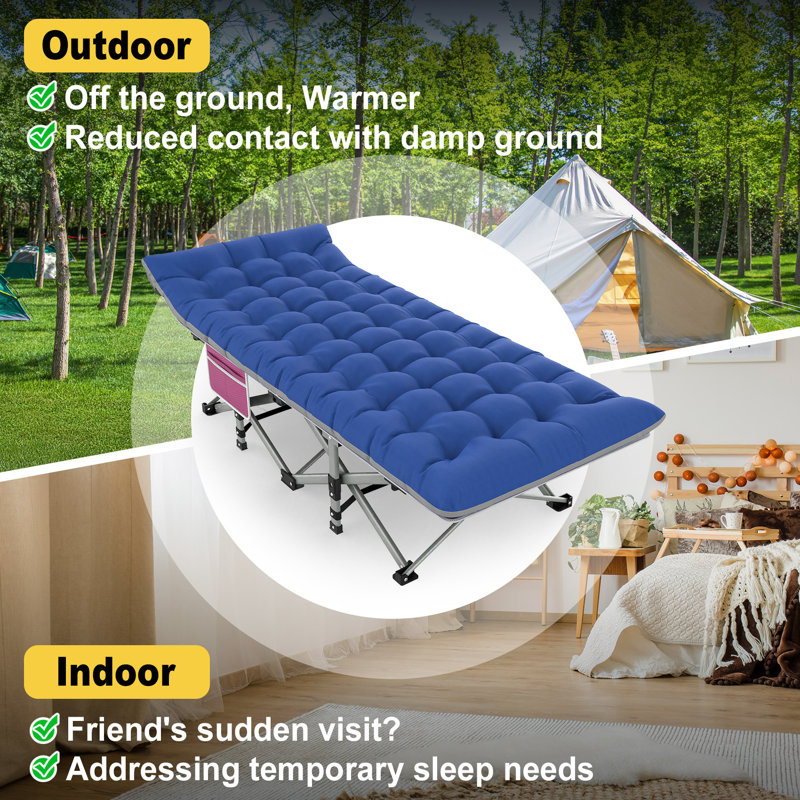 Blue and Red Folding Camping Cot with Mattress and Carry Bag