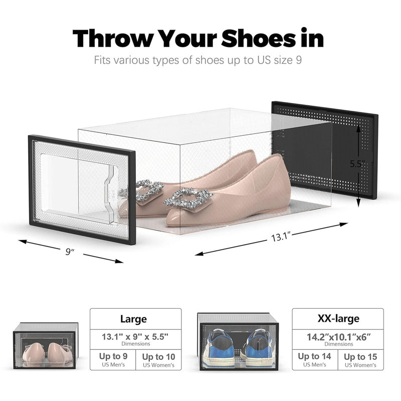 Paquet de 12 boîtes de rangement pour chaussures en plastique transparent, organisateur de chaussures empilable pour garde-robe, porte-bac à chaussures de rangement peu encombrant pour vestibule, noir