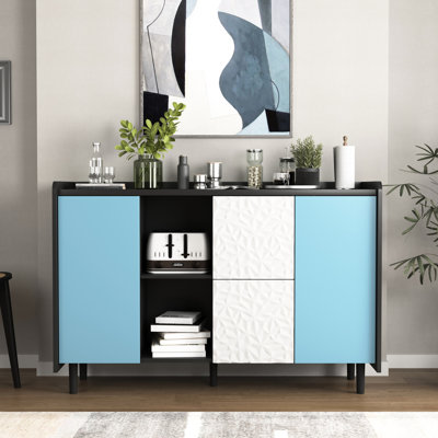 Buffet bahut noir et rouge avec armoire de salle à manger moderne à panneau de tiroir rouge, 2 tiroirs et compartiments ouverts pour la cuisine