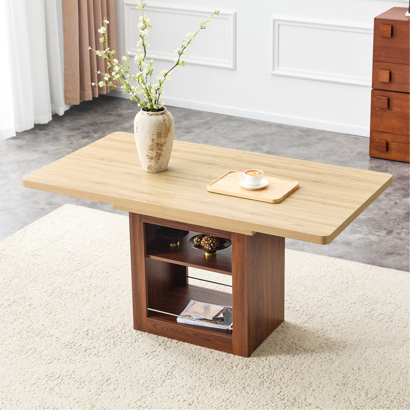 Une table de salle à manger extensible avec espace de rangement, une table de salle à manger extensible de 59 à 71 pouces. Table à tirer rectangulaire en bois avec structure en panneau de fibres à densité moyenne de couleur noyer pouvant accueillir 4 à 8 personnes.