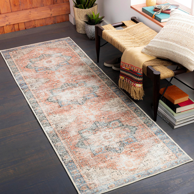 Mya Machine Washable Oriental Brick Red/Light Grey Area Rug, Runner 2'7" x 7'10"