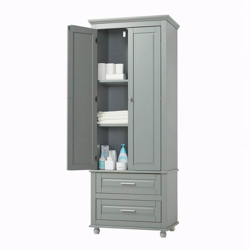 Rhasaan Tall Storage Cabinet with 2 Drawers, Freestanding Bathroom Cabinet for Bathroom, Gray