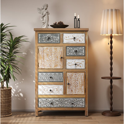 Grande commode vintage rétro en bois avec 6 tiroirs et 2 portes, coffre de rangement rustique multicolore sculpté pour le salon, la chambre à coucher, la salle de bain, décor de style maison de campagne (L 27,76 po x l 14,37 po x H 47,44 po)