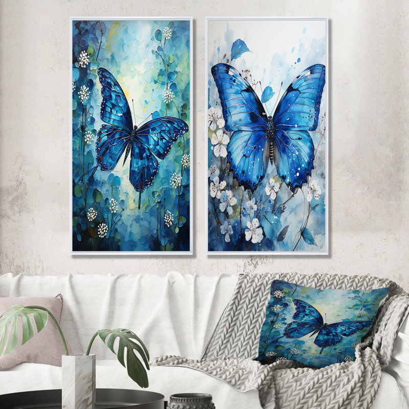 Ensemble de 2 décorations murales Butterfly Sapphire Flutter, H 40 po x l 41 po, Cadre flottant blanc