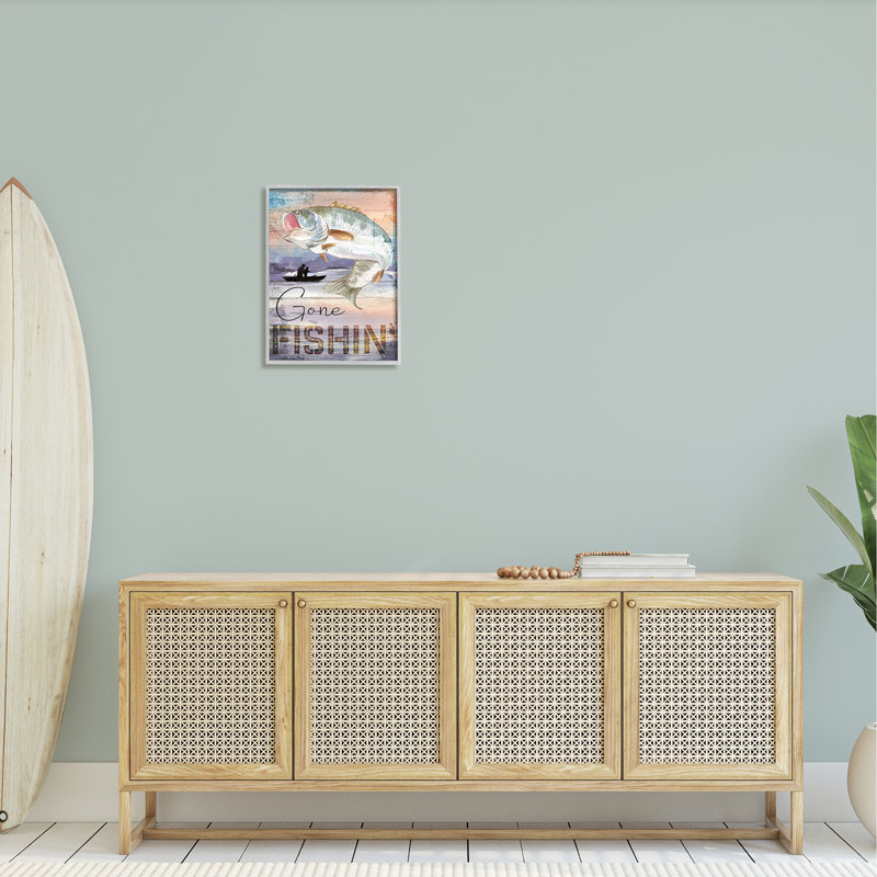 " Gone Fishin' Bass Angler Marine Life " by ND Art, 20" H x 16" W x 1.5" D, Farmhouse Gray Framed Giclee