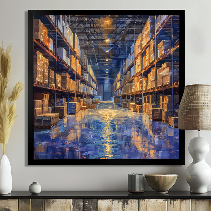 «Blue Warehouse», reproduction d'art mural bleu, Cadre simple noir, bois massif, H 36 po x l 36 po