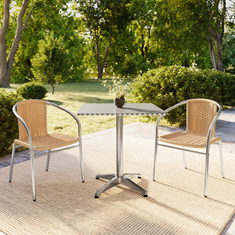 Verl Square Aluminum Indoor-Outdoor Table Set with 2 Rattan Chairs, Beige, 27.25" H x 27.5" W x 27.5" D