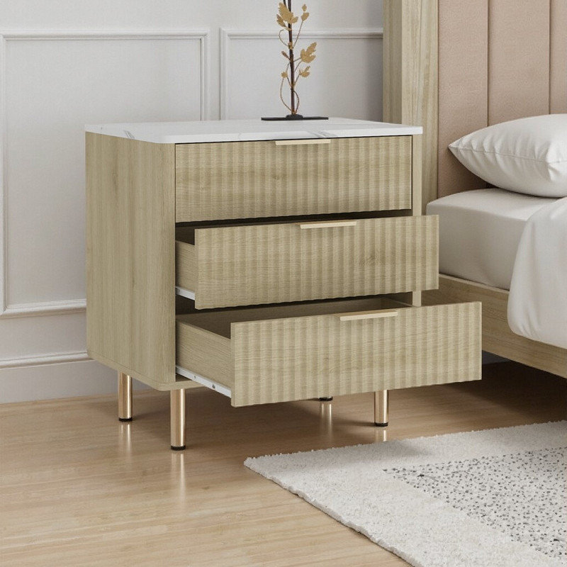 Table de chevet intelligente en bois avec station de charge, veilleuse à commande vocale et armoire de rangement, Chêne brun
