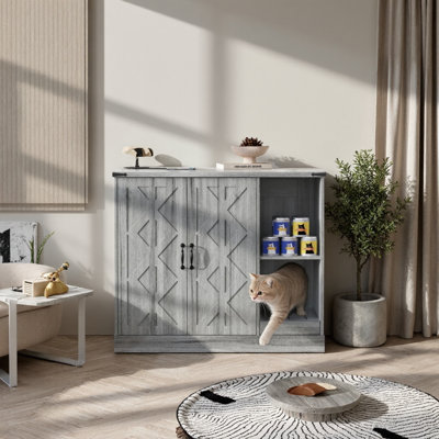 Modern Cat Litter Box Cabinet With Power Outlet – Hidden Enclosure For Large Automatic Litter Boxes With Litter Catcher & Adjustable Shelves, Gray