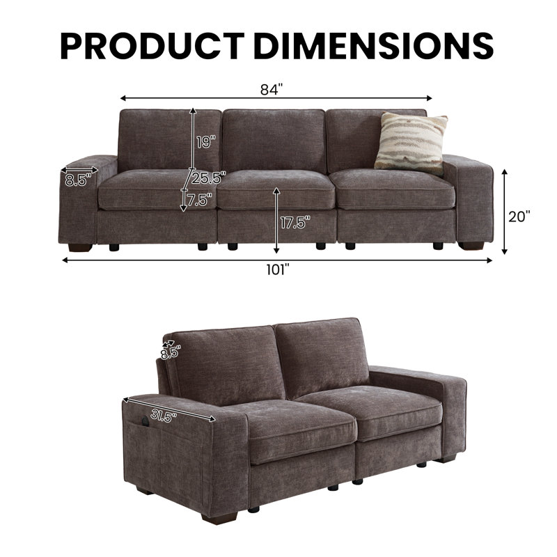 Ensemble de canapé modulaire moderne avec rangement pour sièges, canapé en chenille confortable pour le salon, le bureau, siège profond, charge USB, avec housse amovible