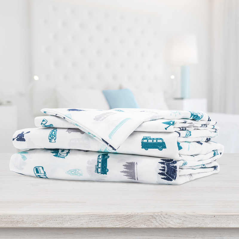 Twin White and Blue Microfiber Graphic Sheet Set