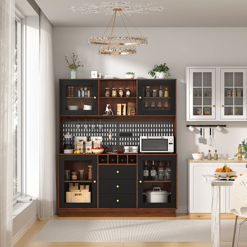 63" W Stand Alone Wood Kitchen Pantry with Microwave Stand and adjustable Shelf, kitchen pantry cabinet with Spacious Countertops and 3 Drawers, food pantry with Wine Rack outlet, and hooks  for Food Storage