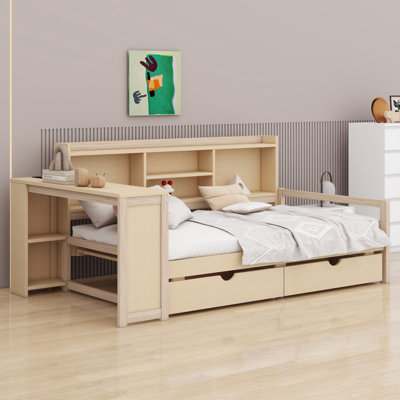 Lit de jour multifonctionnel en bois avec tiroirs de rangement, bureau intégré, port de charge et tablettes