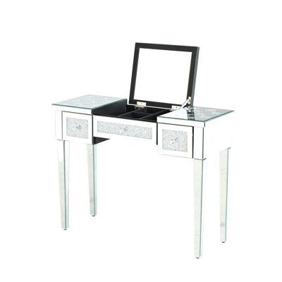 Mirrored Makeup Vanity Desk With Crushed Diamond Inlay, Silver Dressing Table With Flip-Top Mirror, Glass Console Table For Bedroom, Entryway, Dressing Room, Silver