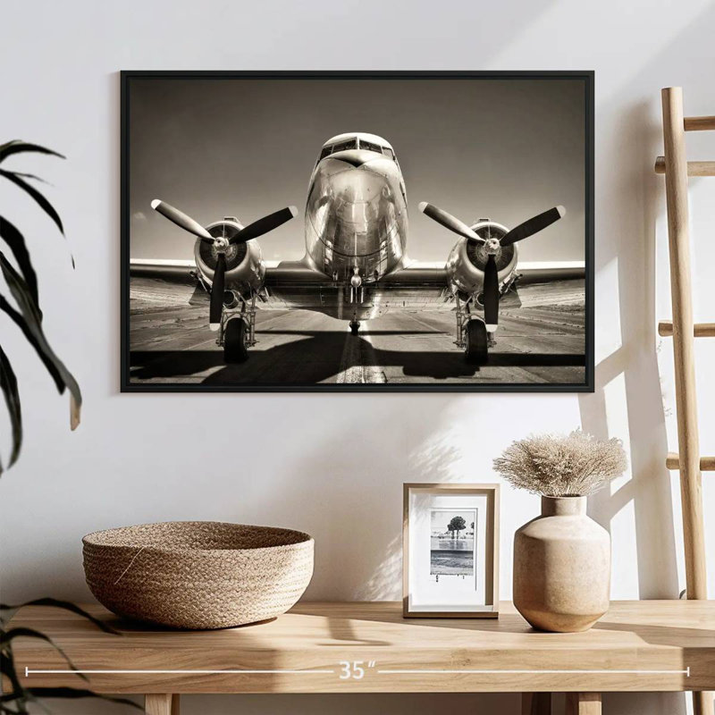 Avion rétro noir et blanc, 25 po x 17 po, Cadre flottant noir